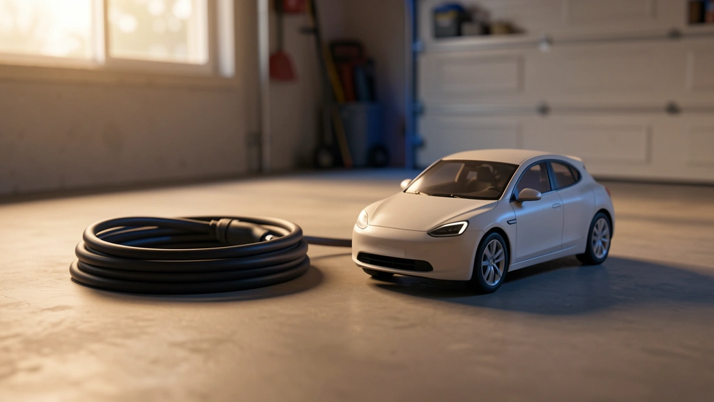 An EV charging cable coiled near a small toy-scale electric car, photorealistic editorial still-life style, no faces or people, no text, numbers, or gauge readings in the image