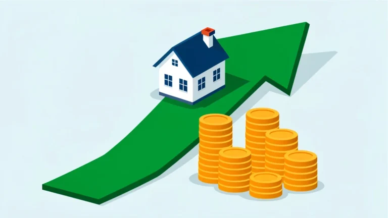 Miniature house model beside stacked coins and a rising percentage gauge, clean flat concept, no people, no text