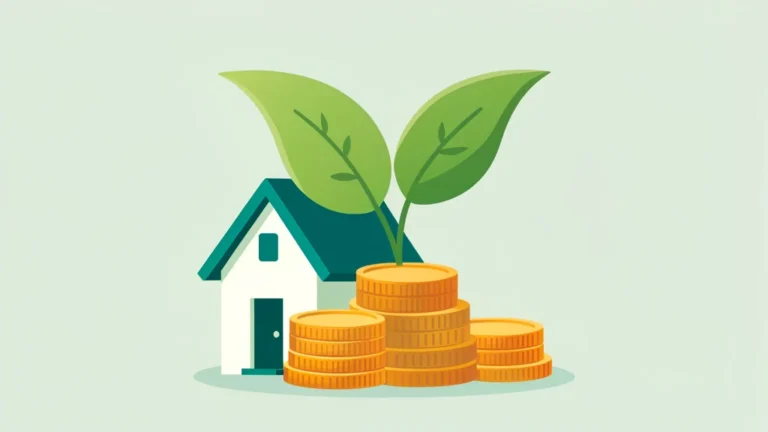 Flat illustration of a small house beside a rising percentage gauge showing rental yield as annual rent over value