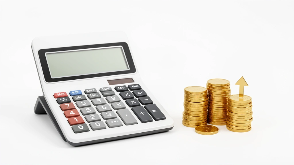 A calculator beside a stack of gold coins with an upward arrow, representing calculating return on investment, no text in image