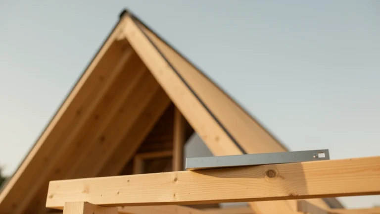 A spirit level and tape measure resting on a sloped asphalt shingle roof under a clear sky, no people present