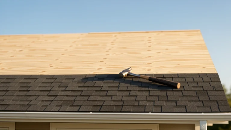 Stacked bundles of asphalt shingles and a tape measure on a partly shingled house roof under a clear sky, no people present
