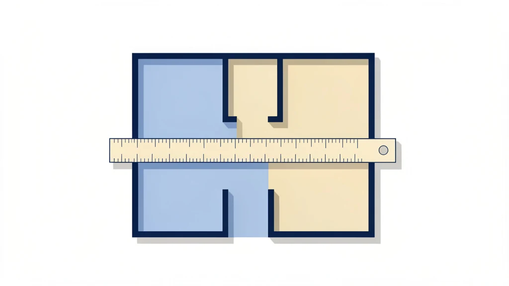 A simple house floor plan outline with a tape measure across two rooms, no text, no people