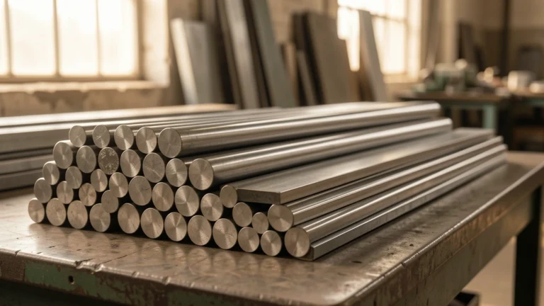 Stack of steel round bars and flat bars on a workshop bench