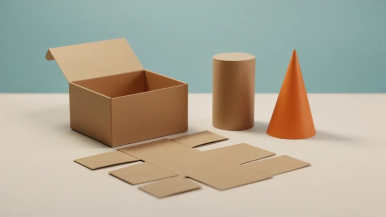 A cardboard box unfolded into a flat net beside a cylinder, a cone, and a ball on a desk with a ruler and a notepad