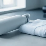 A digital bathroom scale and a small clear water bottle resting on a gym floor beside a folded towel, no text, no numbers, no real person's hands or face