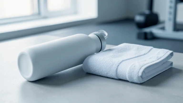 A digital bathroom scale and a small clear water bottle resting on a gym floor beside a folded towel, no text, no numbers, no real person's hands or face