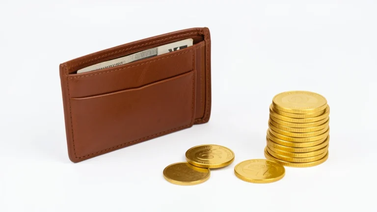 A paper paycheck beside a small stack of coins, representing take-home pay after deductions, no text in image