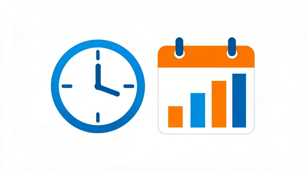 Simple flat clock and calendar icons with a rising bar chart, clean office time tracking concept, no people, no text