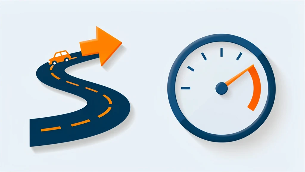 A simple road with a car icon, an arrow showing direction, and a speed dial gauge, clean flat style, no people, no text