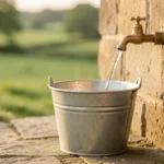 A five-gallon bucket filling under an outdoor spigot beside a stopwatch, with a well cap in a green rural yard, no people present