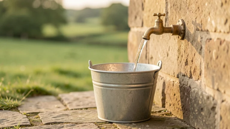 A five-gallon bucket filling under an outdoor spigot beside a stopwatch, with a well cap in a green rural yard, no people present