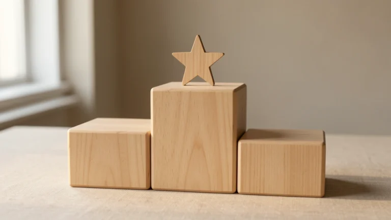 A row of numbered wooden blocks arranged from tallest to shortest on a plain desk, no text, no real person's hands or face