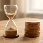 A stopwatch resting beside a small stack of coins on a plain surface, suggesting time converting into money, no text or numbers in the image, no real person's face