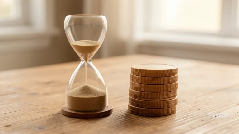 A stopwatch resting beside a small stack of coins on a plain surface, suggesting time converting into money, no text or numbers in the image, no real person's face