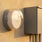 A residential electric meter on an outside house wall beside a gas meter, with a notepad of readings, no people present