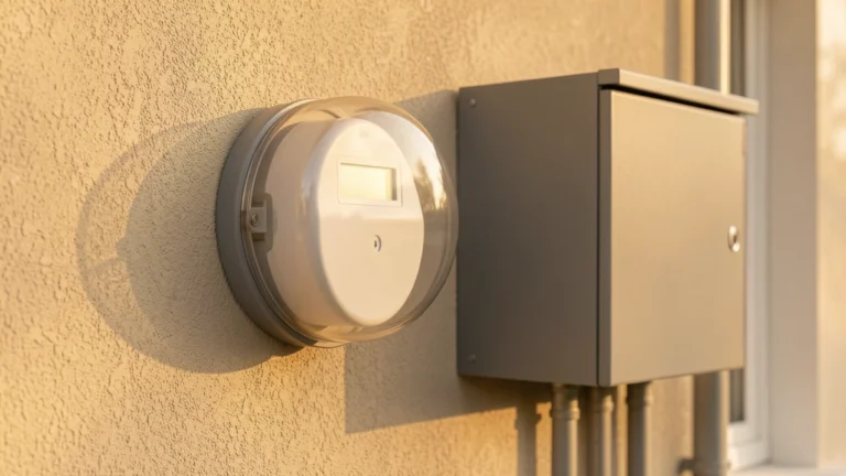A residential electric meter on an outside house wall beside a gas meter, with a notepad of readings, no people present