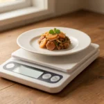 A single plate holding one measured portion of food, resting on a plain kitchen scale, no text in image, no real person's face
