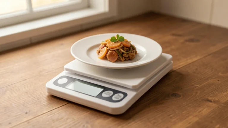 A single plate holding one measured portion of food, resting on a plain kitchen scale, no text in image, no real person's face