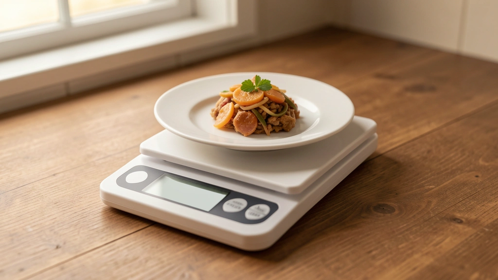 A single plate holding one measured portion of food, resting on a plain kitchen scale, no text in image, no real person's face