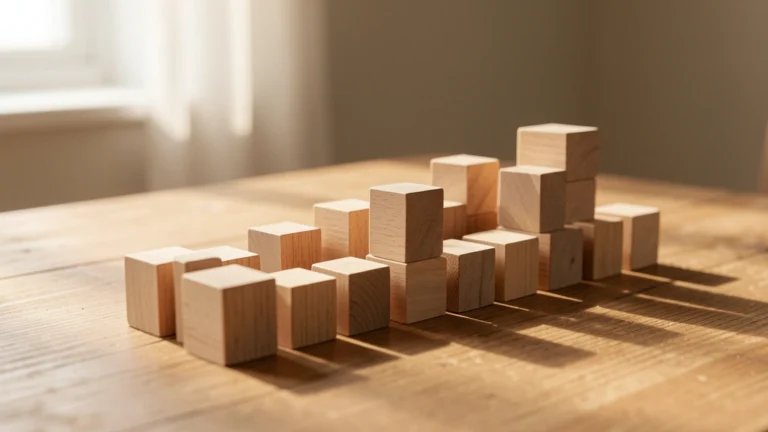 A simple still life of stacked wooden blocks in neat rows, one stack taller than the other to suggest accumulated total work, no text or numbers in the image, no real people or faces, photorealistic editorial still-life style