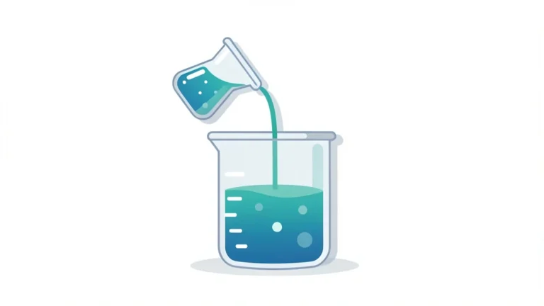 A concentrated flask pouring into a larger beaker of clear liquid, simple lab glassware icons, no people, no text