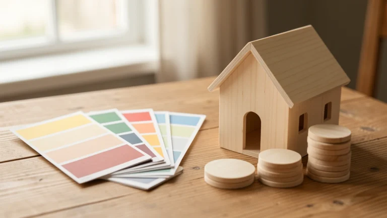 A bright half-finished living room with an open toolbox, a paint roller tray and a closed notebook on a drop cloth, no text, no numbers, no people