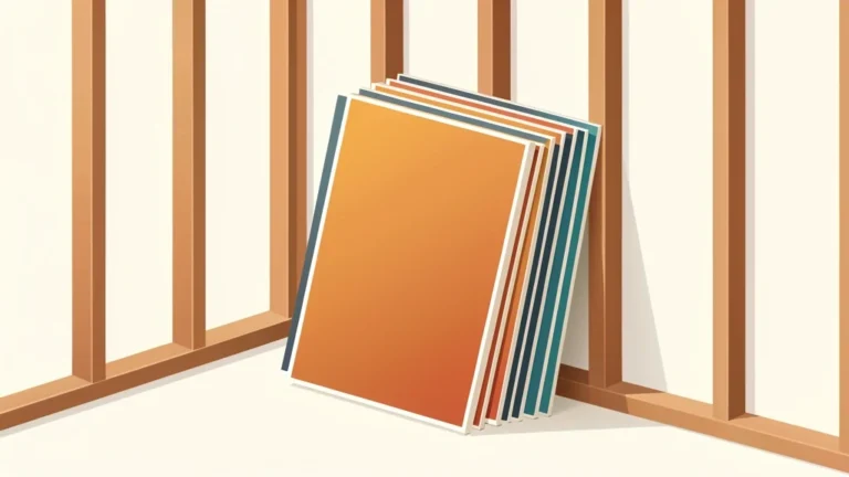 Stack of drywall sheets leaning against a framed interior room wall with a ceiling grid, clean and bright