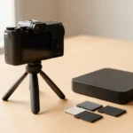 A camera on a tripod beside an external hard drive and memory cards on a desk, suggesting video storage