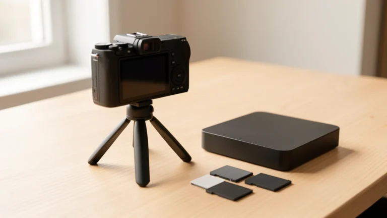 A camera on a tripod beside an external hard drive and memory cards on a desk, suggesting video storage