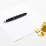 A blank tax form on a desk with a pen resting beside a small stack of coins, representing filling out a W-4 for paycheck withholding, no text in image