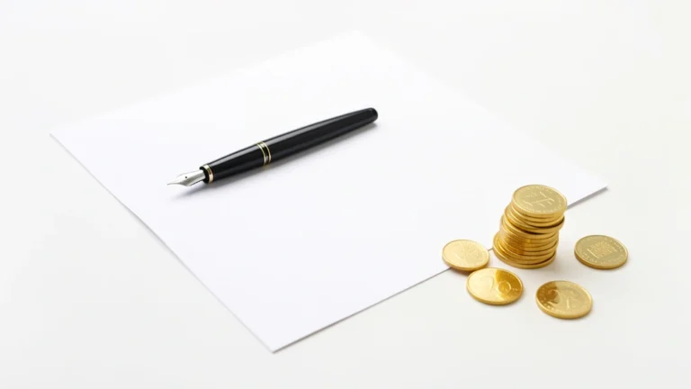 A blank tax form on a desk with a pen resting beside a small stack of coins, representing filling out a W-4 for paycheck withholding, no text in image