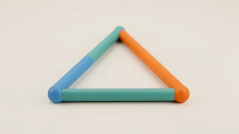 A closed triangle made of three colored rods joined at the corners, lying on a light desk