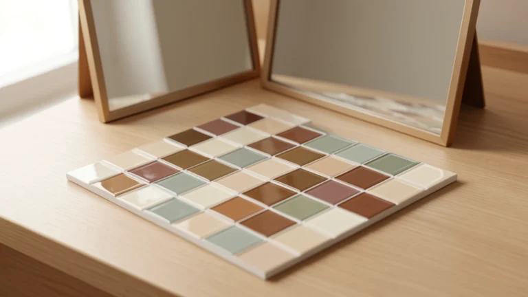 Square grid of two-tone glossy tiles reflected in a desk mirror