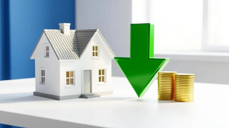 Miniature house beside a green downward arrow and gold coins representing a lower mortgage interest rate