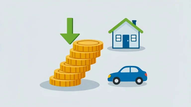 Stack of coins shrinking beside a house and car icon, symbolizing lower insurance costs, flat style, no people, no text
