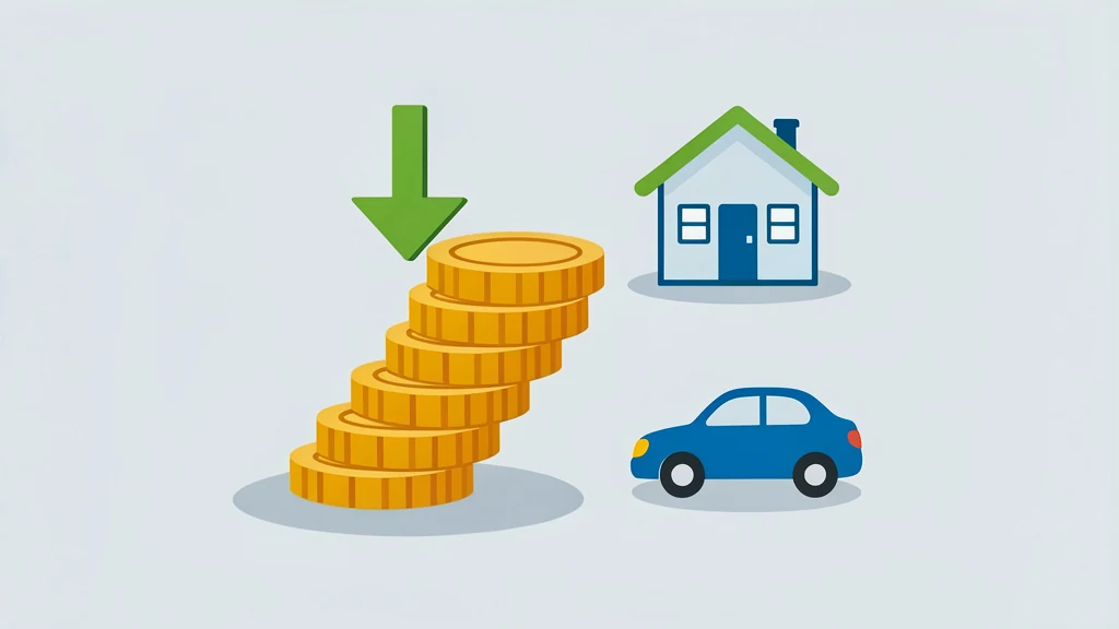 Stack of coins shrinking beside a house and car icon, symbolizing lower insurance costs, flat style, no people, no text
