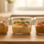 Neat stacked meal-prep containers with visible but unlabeled food portions, no text in image, no real person's hands or face