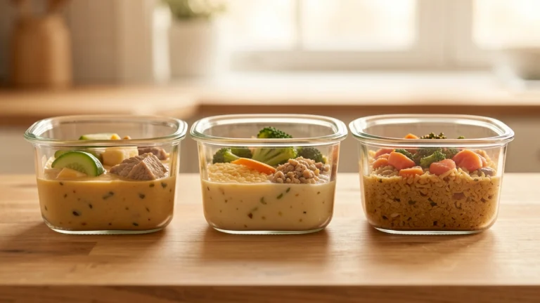 Neat stacked meal-prep containers with visible but unlabeled food portions, no text in image, no real person's hands or face