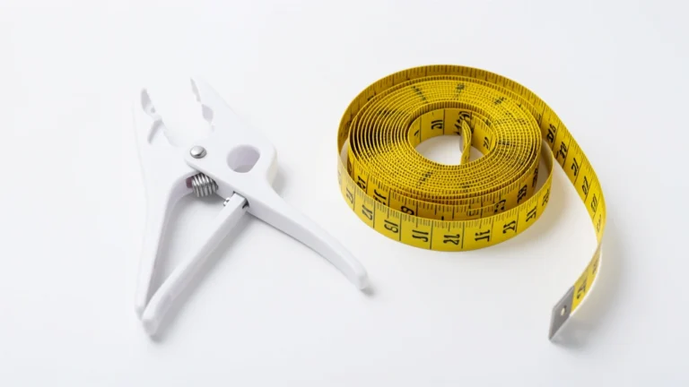 Skinfold calipers and a soft measuring tape resting on a plain surface, representing at-home body fat measurement, no text-in-image, no real person