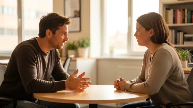 Two people at a small table in mid-conversation, one leaning forward slightly while speaking and the other listening with a notepad between them, calm and focused negotiation moment, no visible faces, no text, no numbers
