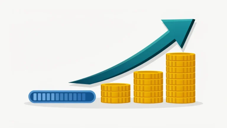Rising coin stacks beside a shrinking loan balance bar with an upward arrow, clean flat financial illustration, no people, no text