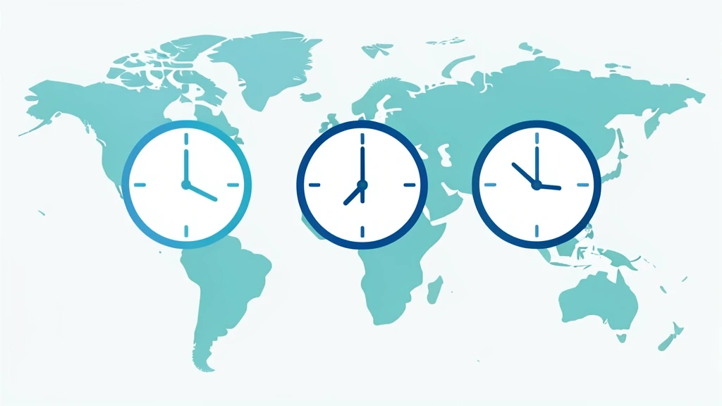 Three simple clock faces on a soft world map background showing different times at once
