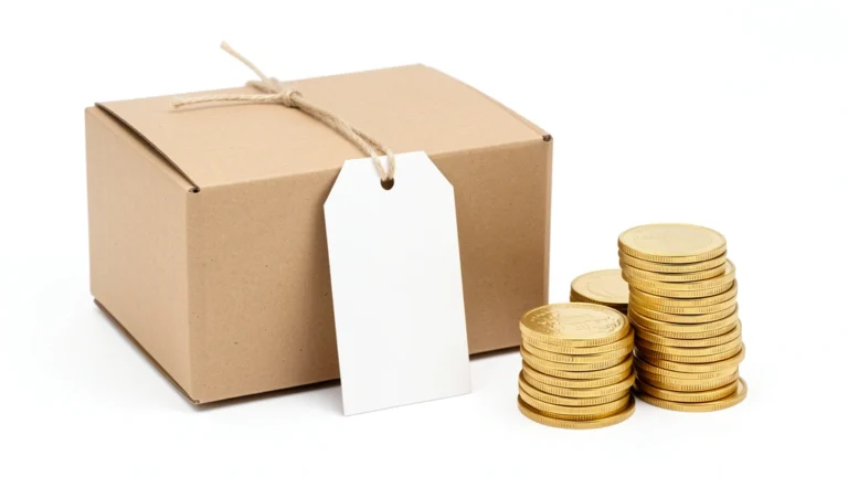 A price tag attached to a product beside a small stack of coins, representing pricing a product for profit, no text in image