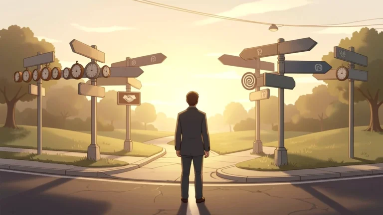 A freelancer standing at a crossroads with signposts pointing toward different pricing paths, one lined with clocks, one with a handshake, one with a repeating cycle icon, no text, no real person's face