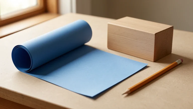 A rolled set of architectural drawings beside a yellow tape measure and a pencil on a plain wooden table, no text, no numbers, no real person's hands or face