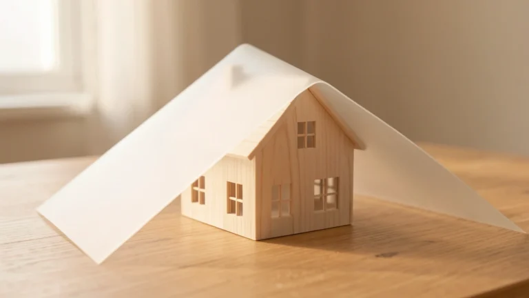 A stack of house-shaped wooden blocks with the top block being lifted away by a hand-shaped cutout, symbolizing removing an added cost layer, no text in image, no real faces