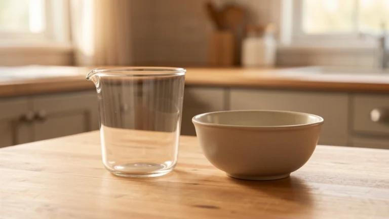 A wooden kitchen counter with a glass mixing bowl, a measuring cup of flour, and a kitchen scale, no text, no numbers, no real person's hands or face