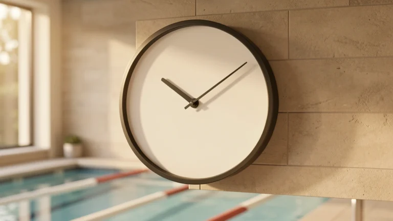 Large analog pace clock with a red sweep hand mounted on a pool wall above empty swim lanes and floating lane ropes