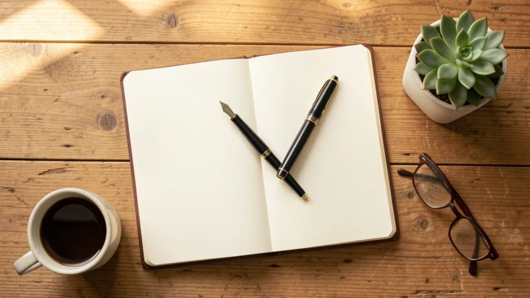 A freelancer at a home desk with a laptop, calendar, and invoice papers, a simple upward arrow line showing a rate growing over time, no text, no real person's face
